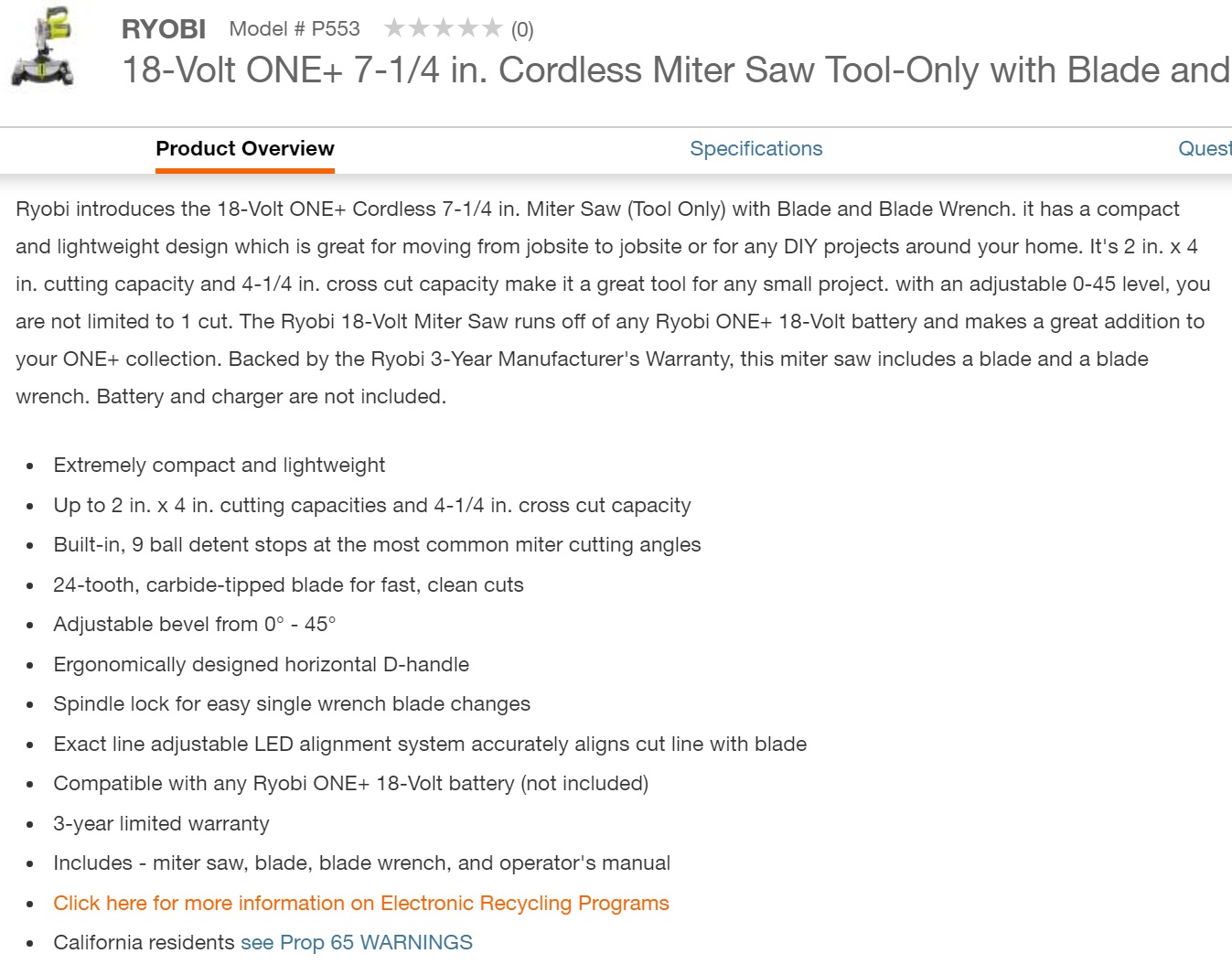 Ryobi P553 18V Cordless Compound Miter Saw for sale online