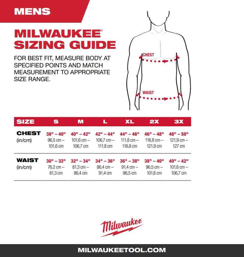 Milwaukee Jacket Size Chart