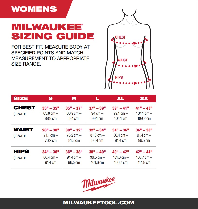 Milwaukee Mens Womens Heated Jacket Hoodie Sizing Chart Tool