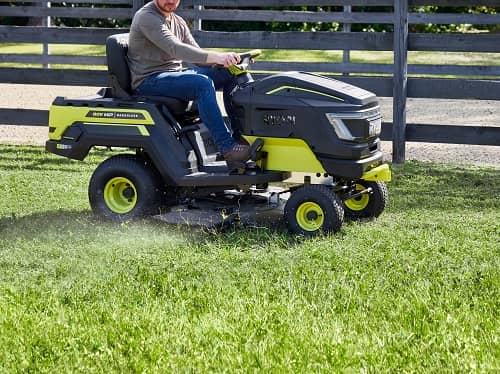 Ryobi 80V HP Brushless Lithium Electric Riding Lawn Tractor in action