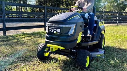Ryobi 80V HP Brushless Lithium Electric Riding Lawn Tractor in action 2